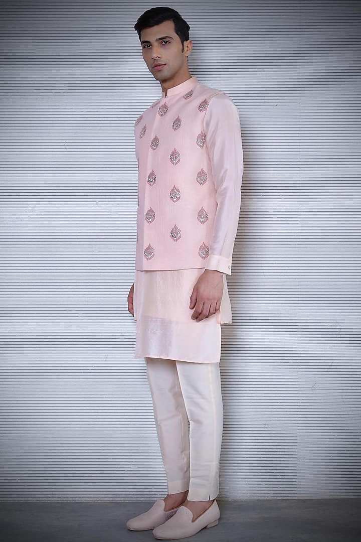 Blush Pink Embroidered Waistcoat by Rohit Gandhi & Rahul Khanna Men
