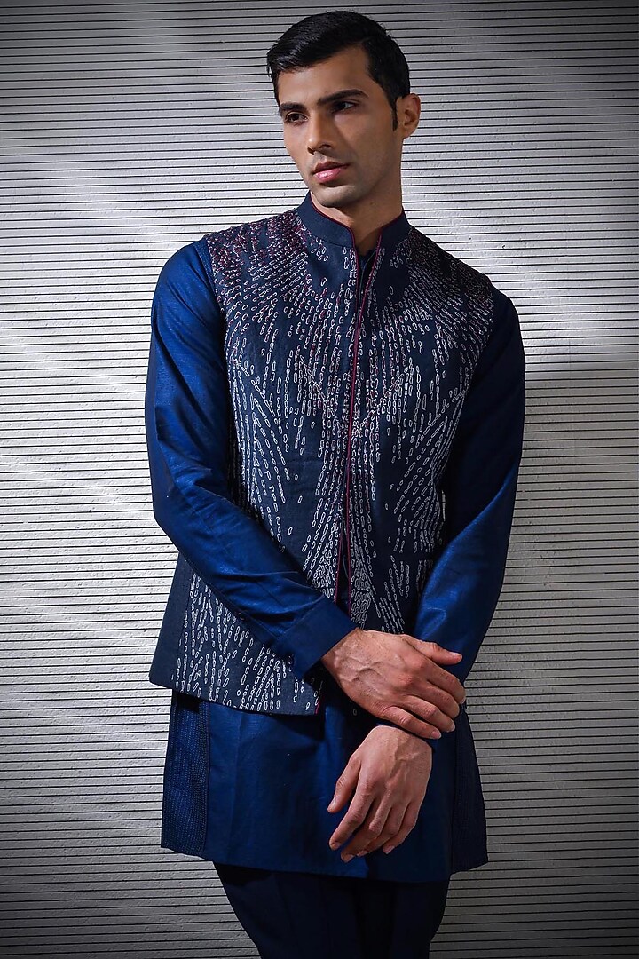 Navy Blue Embroidered Printed Waistcoat by Rohit Gandhi Rahul