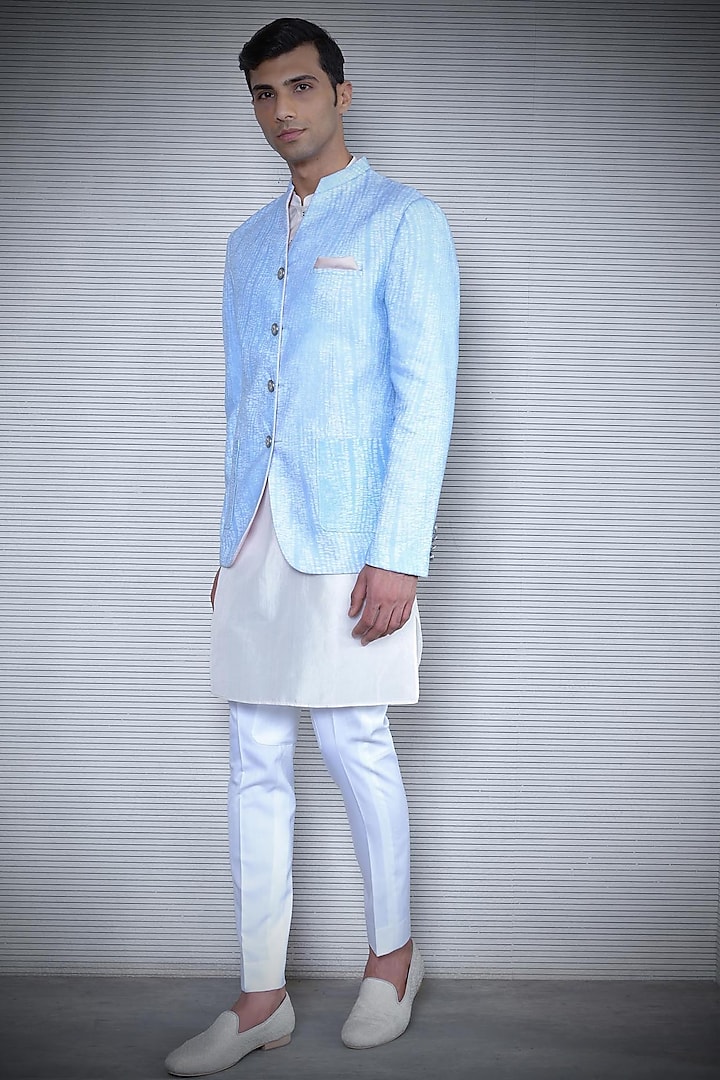 Light Blue Printed Bandhgala Jacket by Rohit Gandhi & Rahul Khanna Men
