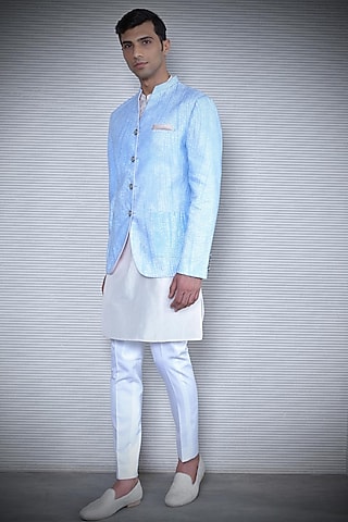 Light Blue Printed Bandhgala Jacket by Rohit Gandhi & Rahul Khanna Men