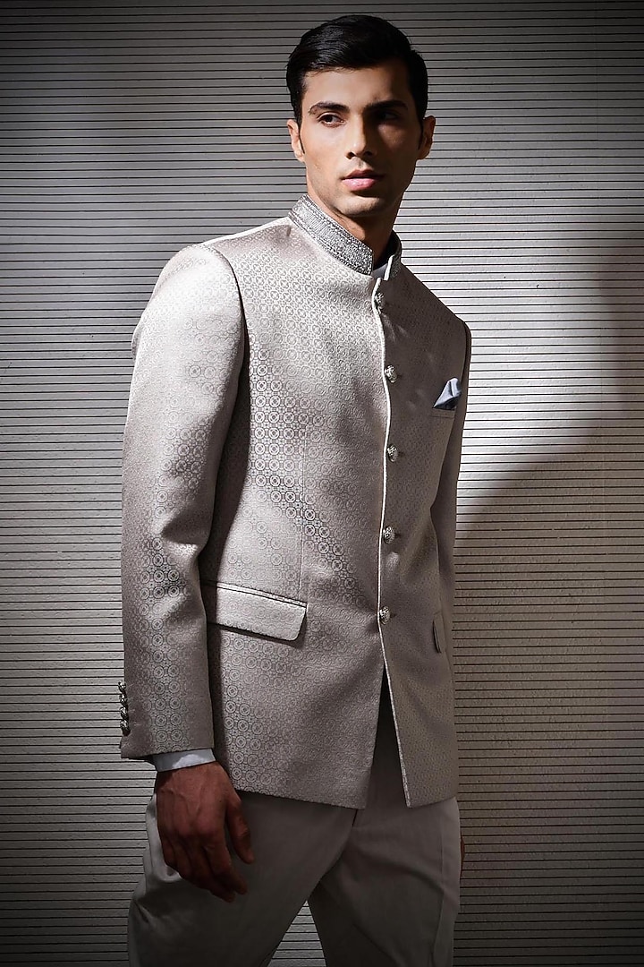 Ash Beige Embroidered Groom Bandhgala Jacket by Rohit Gandhi & Rahul Khanna Men at Pernia's Pop Up Shop