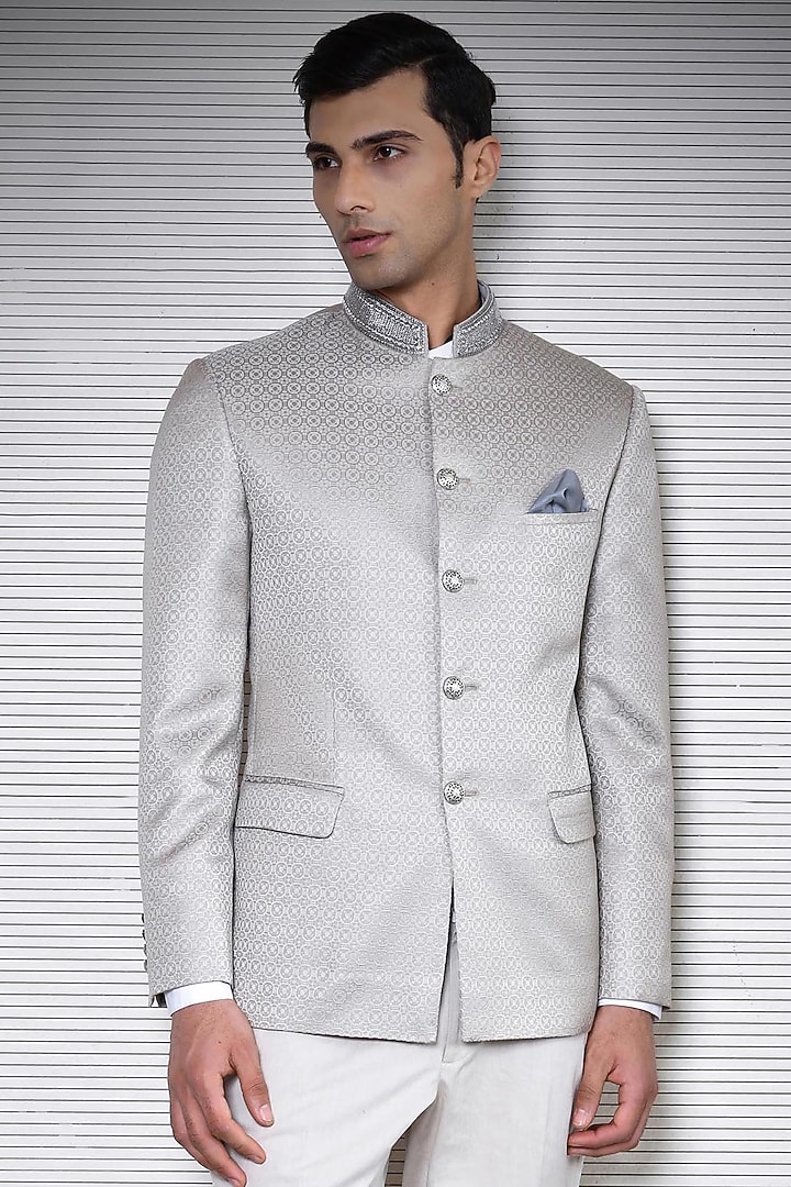 Ash Beige Embroidered Groom Bandhgala Jacket by Rohit Gandhi & Rahul Khanna Men at Pernia's Pop Up Shop