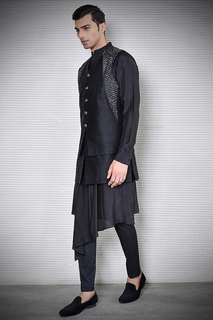 Black Embroidered Layered Waistcoat by Rohit Gandhi & Rahul Khanna Men