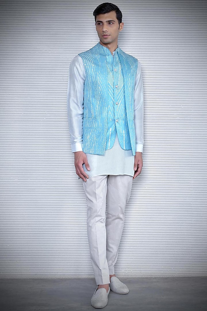 Aqua Blue Printed Layered Waistcoat by Rohit Gandhi & Rahul Khanna Men