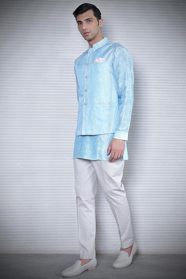 Aqua Blue Printed Nehru Jacket by Rohit Gandhi & Rahul Khanna Men
