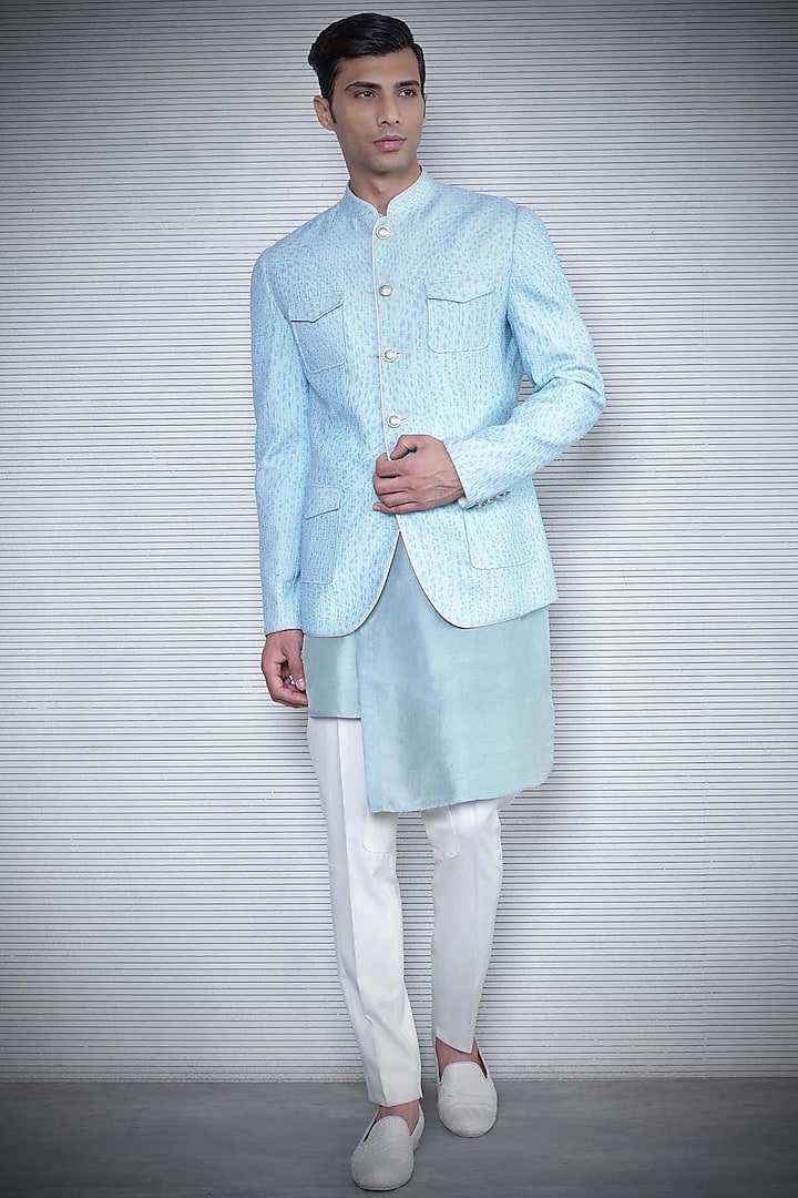 Aqua Blue Printed Reversible Bandhgala Jacket by Rohit Gandhi & Rahul Khanna Men