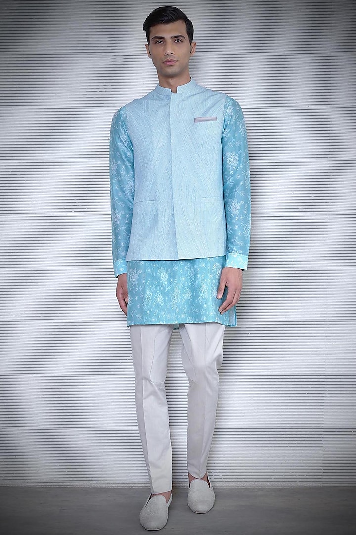 Aqua Blue Printed & Textured Waistcoat by Rohit Gandhi & Rahul Khanna Men