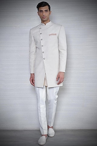 Almond Beige Overlap Short Sherwani by Rohit Gandhi & Rahul Khanna Men
