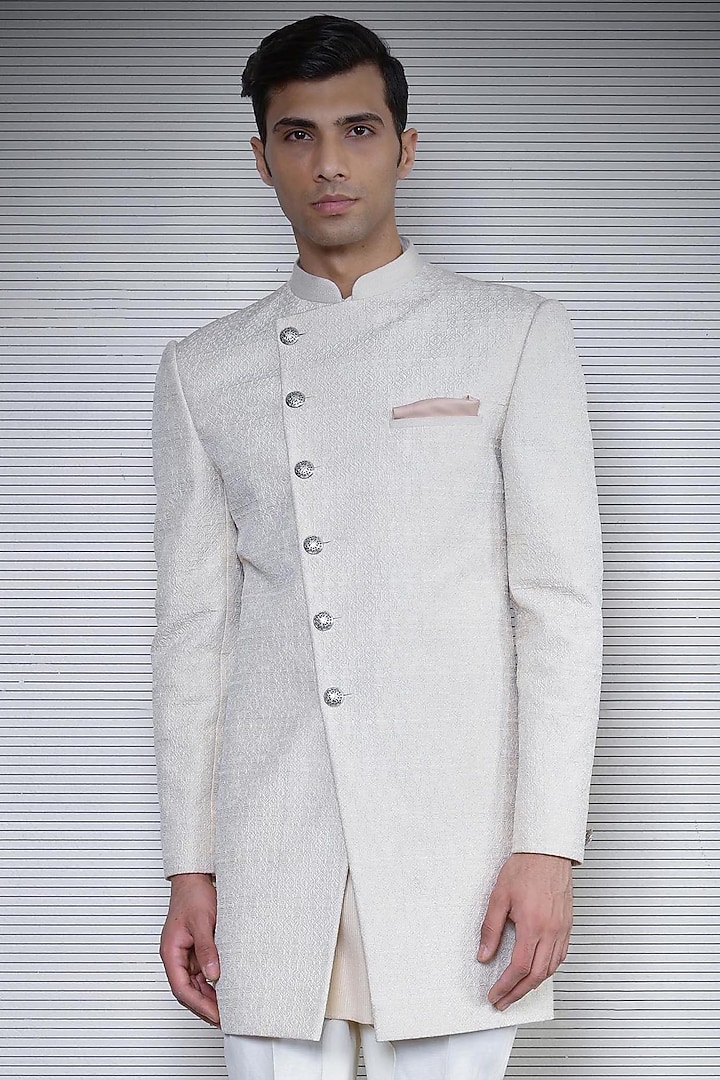 Almond Beige Overlap Short Groom Sherwani by Rohit Gandhi & Rahul Khanna Men at Pernia's Pop Up Shop