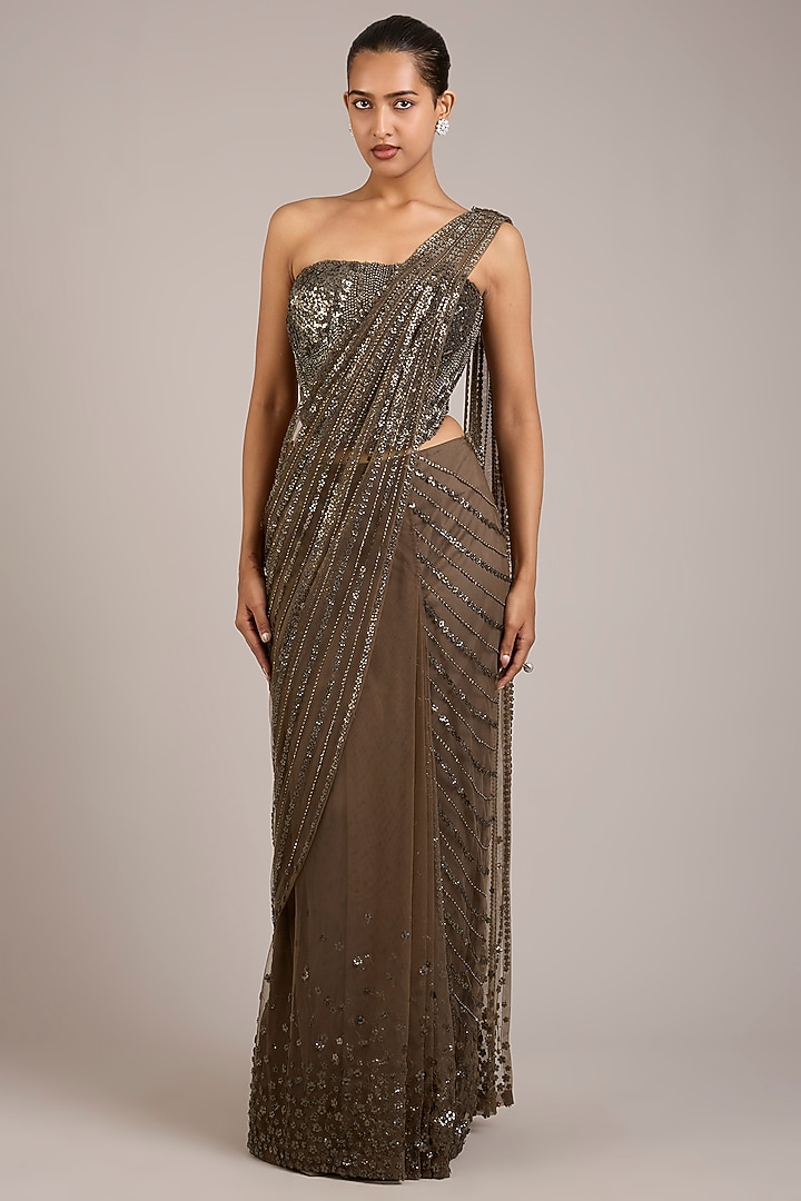 Gunmetal Tulle Sequin Embellished Draped Bridal Saree Set by Rohit Gandhi & Rahul Khanna at Pernia's Pop Up Shop