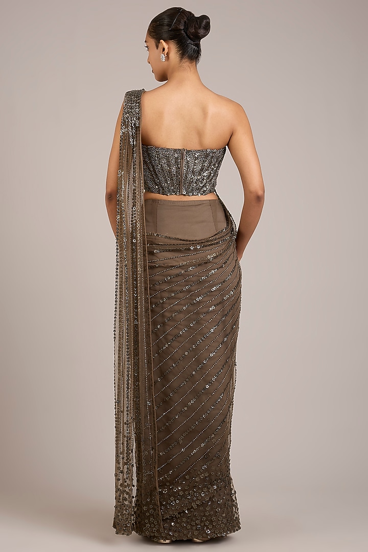 Gunmetal Tulle Sequin Embellished Draped Bridal Saree Set by Rohit Gandhi & Rahul Khanna at Pernia's Pop Up Shop