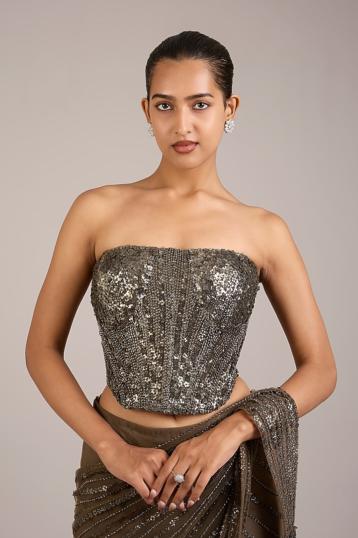 Gunmetal Tulle Sequin Embellished Draped Bridal Saree Set by Rohit Gandhi & Rahul Khanna at Pernia's Pop Up Shop