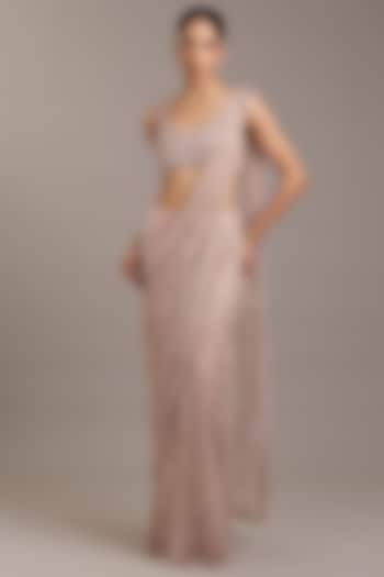 Blush Pink Tulle Floral Embroidered Bridal Saree Set by Rohit Gandhi & Rahul Khanna at Pernia's Pop Up Shop