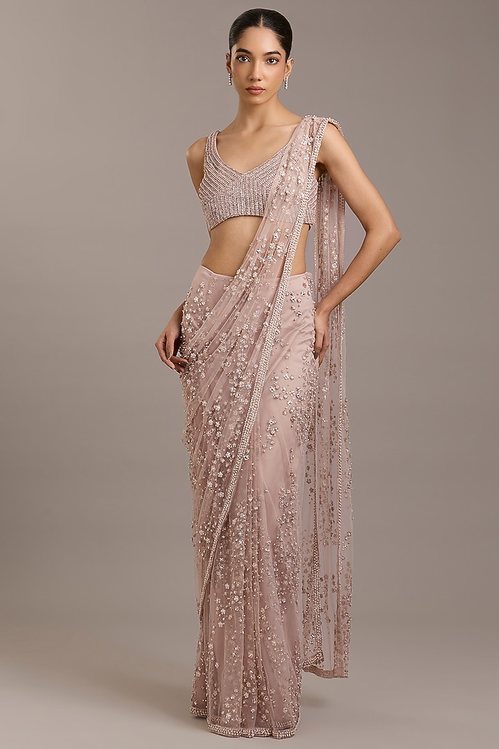 Blush Pink Tulle Floral Embroidered Bridal Saree Set by Rohit Gandhi & Rahul Khanna at Pernia's Pop Up Shop