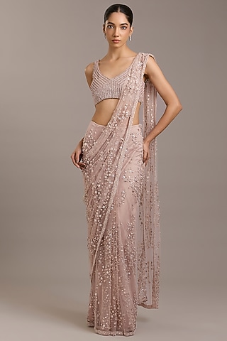 Blush Pink Tulle Floral Embroidered Saree Set by Rohit Gandhi & Rahul Khanna