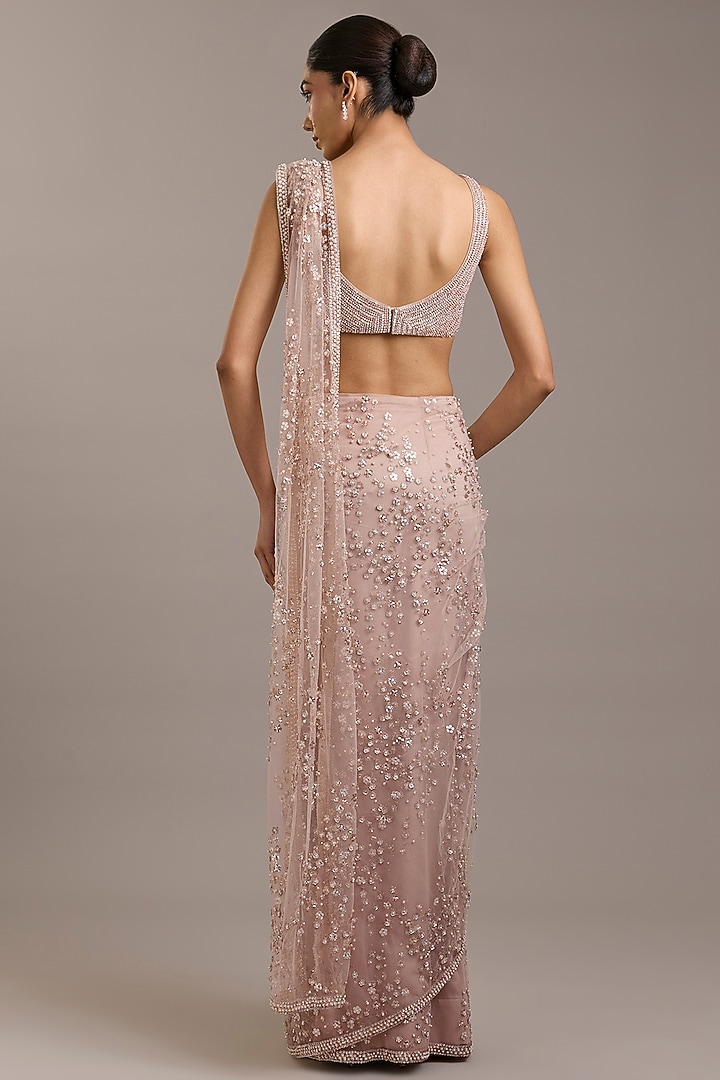 Blush Pink Tulle Floral Embroidered Bridal Saree Set by Rohit Gandhi & Rahul Khanna at Pernia's Pop Up Shop