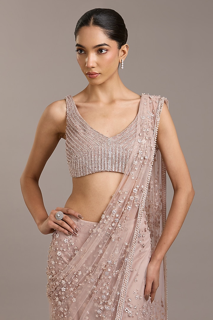 Blush Pink Tulle Floral Embroidered Bridal Saree Set by Rohit Gandhi & Rahul Khanna at Pernia's Pop Up Shop