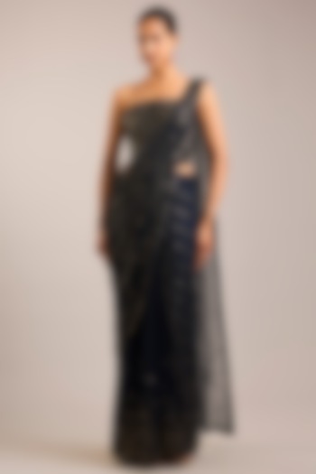 Navy Blue Tulle Sequins Embroidered Bridal Saree Set by Rohit Gandhi & Rahul Khanna at Pernia's Pop Up Shop