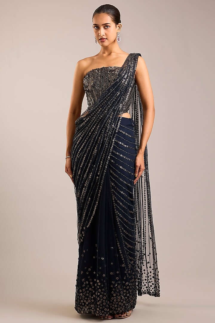 Navy Blue Tulle Sequins Embroidered Bridal Saree Set by Rohit Gandhi & Rahul Khanna at Pernia's Pop Up Shop