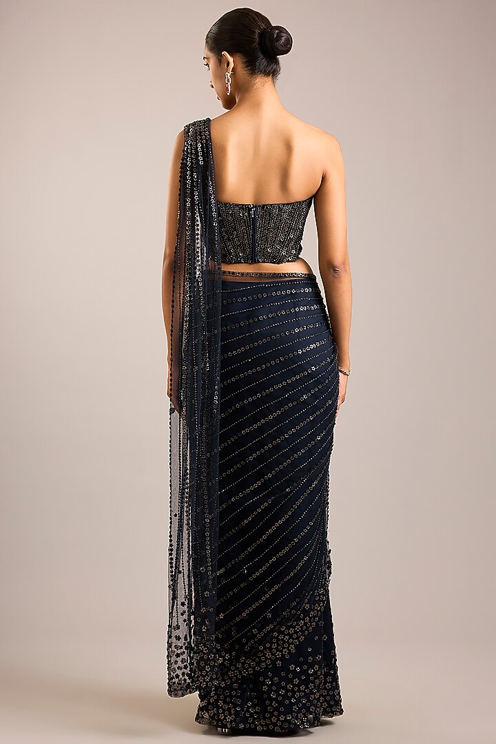 Navy Blue Tulle Sequins Embroidered Bridal Saree Set by Rohit Gandhi & Rahul Khanna at Pernia's Pop Up Shop