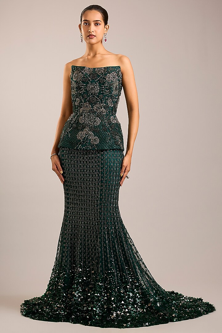 Emerald Green Tulle Sequins Embroidered Bridal Lehenga Set by Rohit Gandhi & Rahul Khanna at Pernia's Pop Up Shop