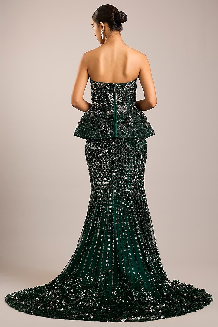 Emerald Green Tulle Sequins Embroidered Bridal Lehenga Set by Rohit Gandhi & Rahul Khanna at Pernia's Pop Up Shop