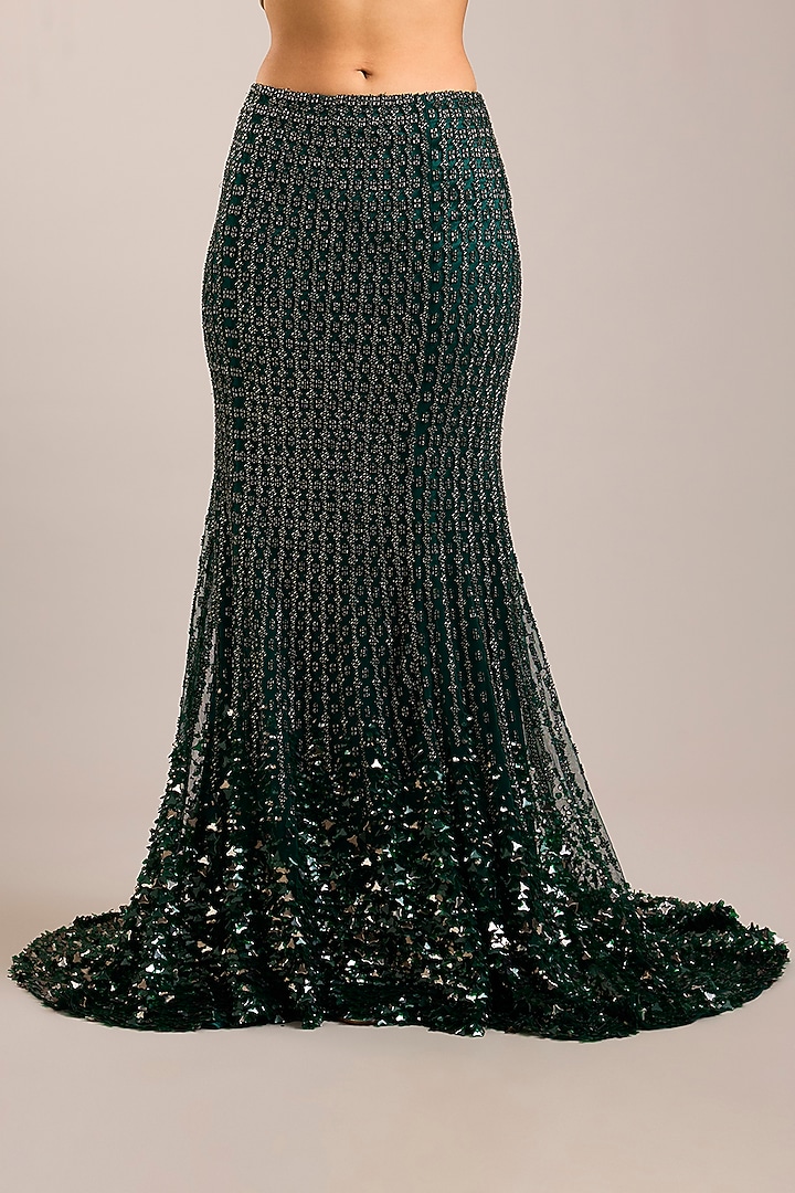 Emerald Green Tulle Sequins Embroidered Bridal Lehenga Set by Rohit Gandhi & Rahul Khanna at Pernia's Pop Up Shop