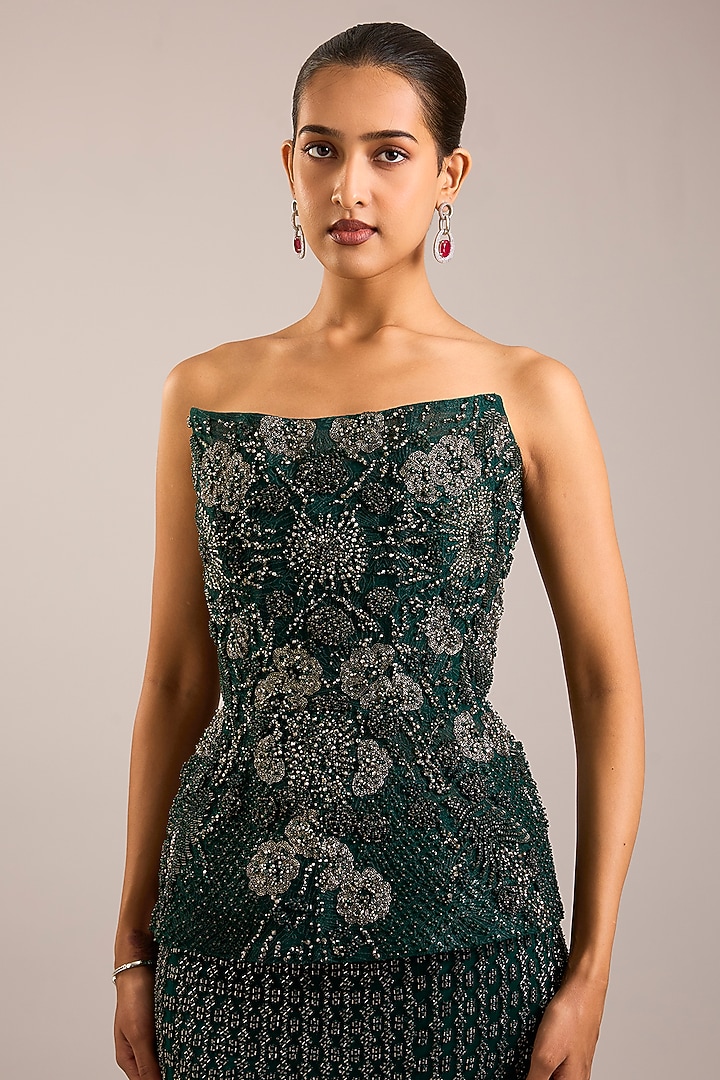 Emerald Green Tulle Sequins Embroidered Bridal Lehenga Set by Rohit Gandhi & Rahul Khanna at Pernia's Pop Up Shop