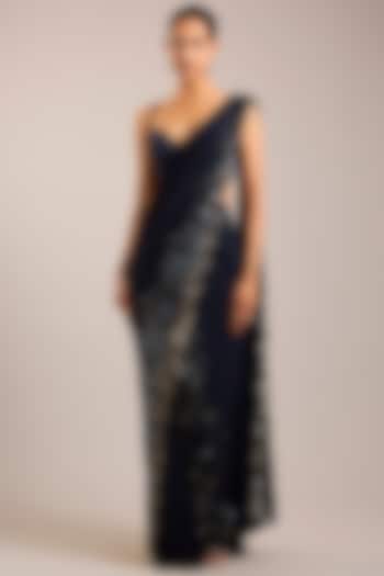 Navy Blue Georgette Sequins Embroidered Reception Saree Set by Rohit Gandhi & Rahul Khanna at Pernia's Pop Up Shop