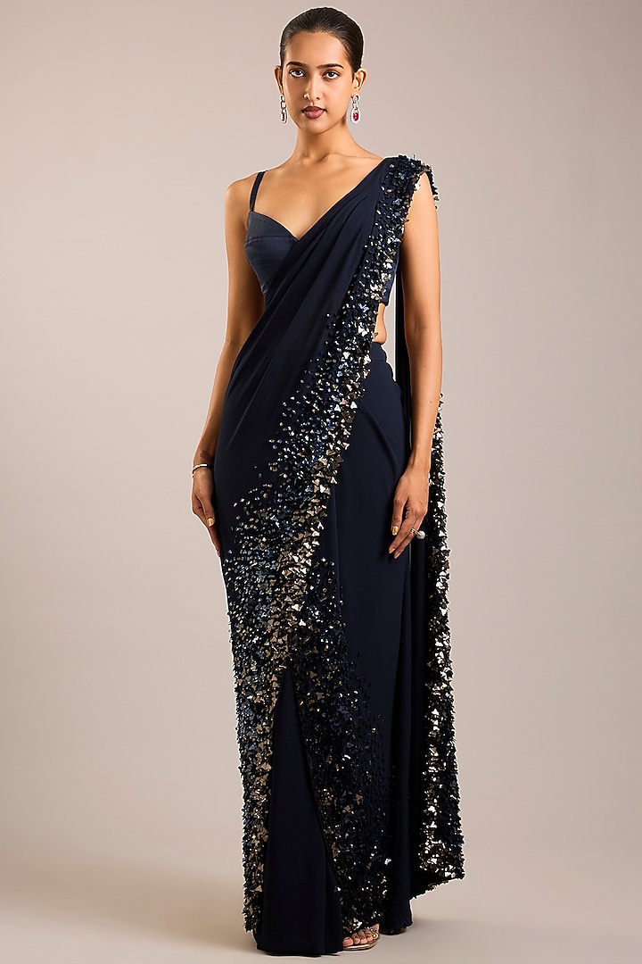 Navy Blue Georgette Sequins Embroidered Reception Saree Set by Rohit Gandhi & Rahul Khanna at Pernia's Pop Up Shop