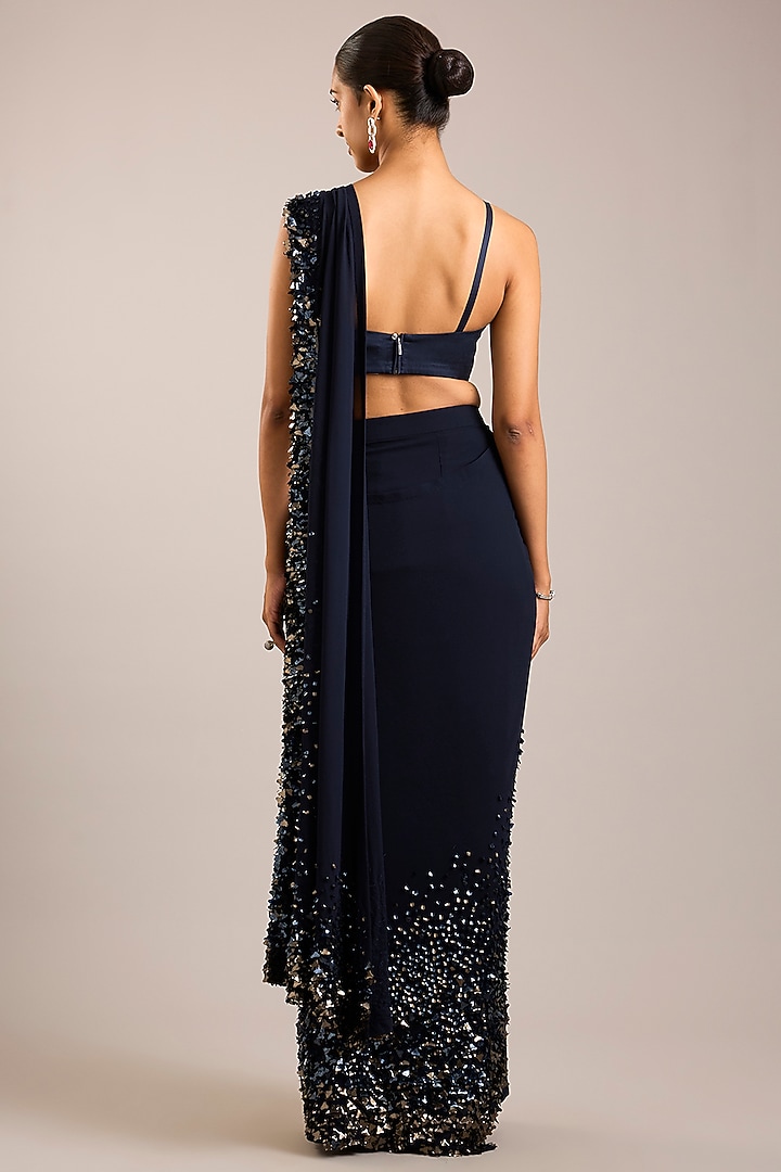 Navy Blue Georgette Sequins Embroidered Reception Saree Set by Rohit Gandhi & Rahul Khanna at Pernia's Pop Up Shop