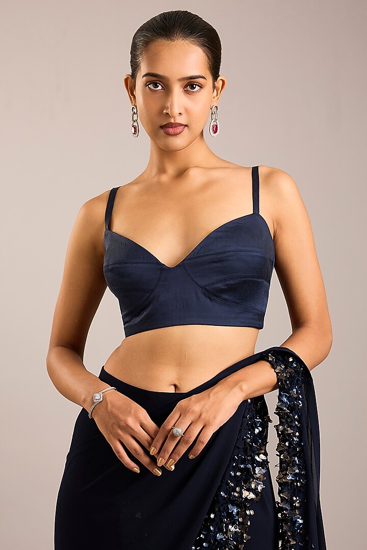 Navy Blue Georgette Sequins Embroidered Reception Saree Set by Rohit Gandhi & Rahul Khanna at Pernia's Pop Up Shop