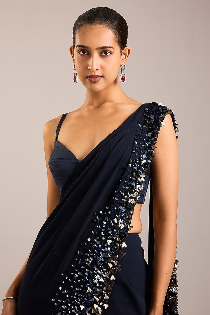 Navy Blue Georgette Sequins Embroidered Reception Saree Set by Rohit Gandhi & Rahul Khanna at Pernia's Pop Up Shop