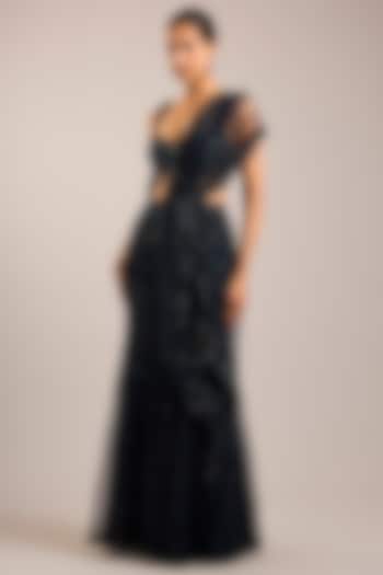 Navy Blue Tulle Sequins Embroidered Bridal Saree Set by Rohit Gandhi & Rahul Khanna at Pernia's Pop Up Shop