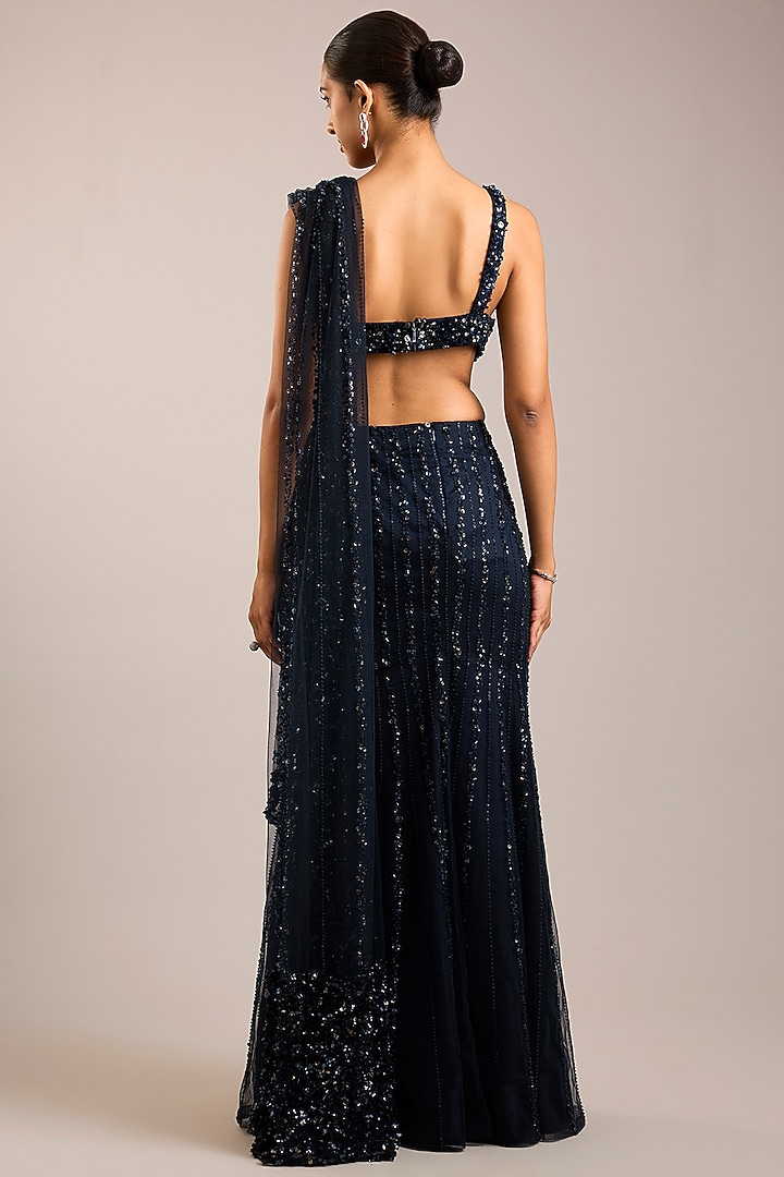 Navy Blue Tulle Sequins Embroidered Bridal Saree Set by Rohit Gandhi & Rahul Khanna at Pernia's Pop Up Shop