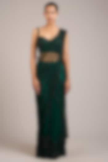 Emerald Tulle Sequin Hand Embellished Pre-Draped Bridal Saree Set by Rohit Gandhi & Rahul Khanna at Pernia's Pop Up Shop
