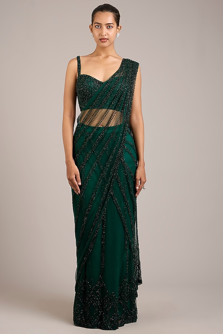 Emerald Tulle Sequin Hand Embellished Pre-Draped Bridal Saree Set by Rohit Gandhi & Rahul Khanna at Pernia's Pop Up Shop