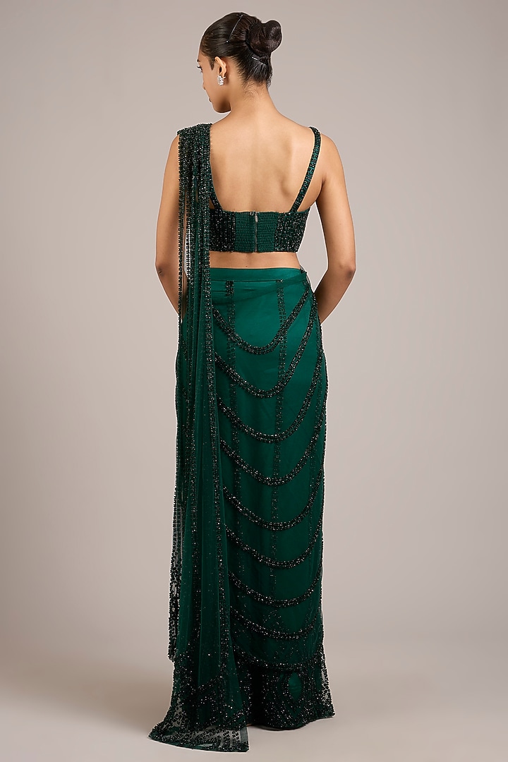 Emerald Tulle Sequin Hand Embellished Pre-Draped Bridal Saree Set by Rohit Gandhi & Rahul Khanna at Pernia's Pop Up Shop