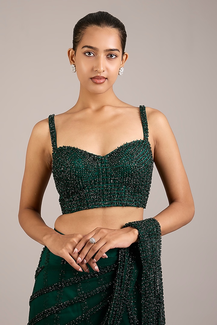 Emerald Tulle Sequin Hand Embellished Pre-Draped Bridal Saree Set by Rohit Gandhi & Rahul Khanna at Pernia's Pop Up Shop