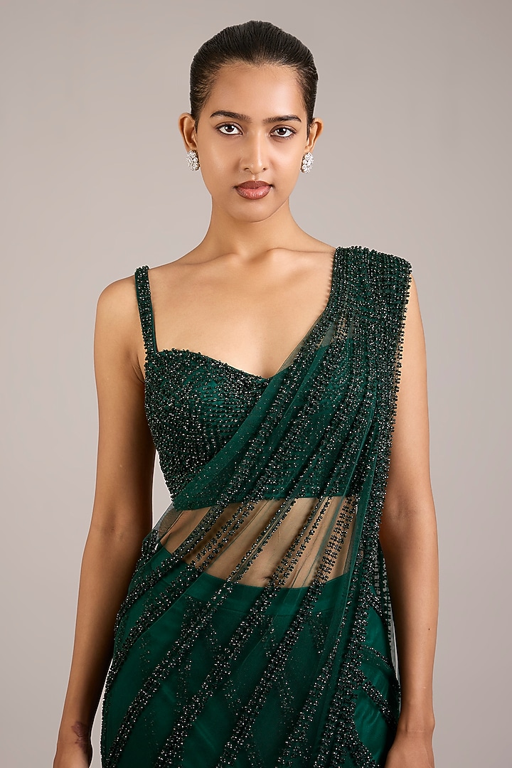 Emerald Tulle Sequin Hand Embellished Pre-Draped Bridal Saree Set by Rohit Gandhi & Rahul Khanna at Pernia's Pop Up Shop