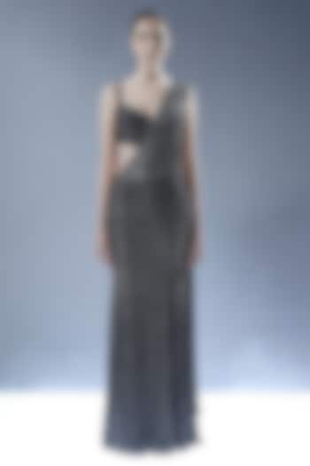 Navy Blue Tulle Sequins Embellished Pre-Draped Reception Saree Set by Rohit Gandhi & Rahul Khanna at Pernia's Pop Up Shop
