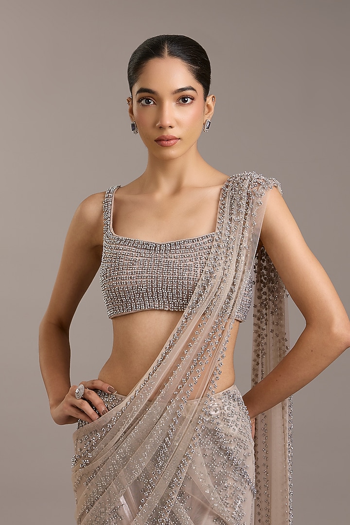 Silver Tulle Embellished Draped Bridal Saree Set by Rohit Gandhi & Rahul Khanna at Pernia's Pop Up Shop