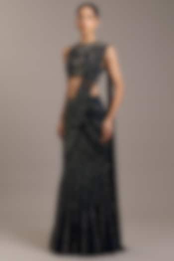Navy Tulle Embellished Draped Bridal Saree Set by Rohit Gandhi & Rahul Khanna at Pernia's Pop Up Shop
