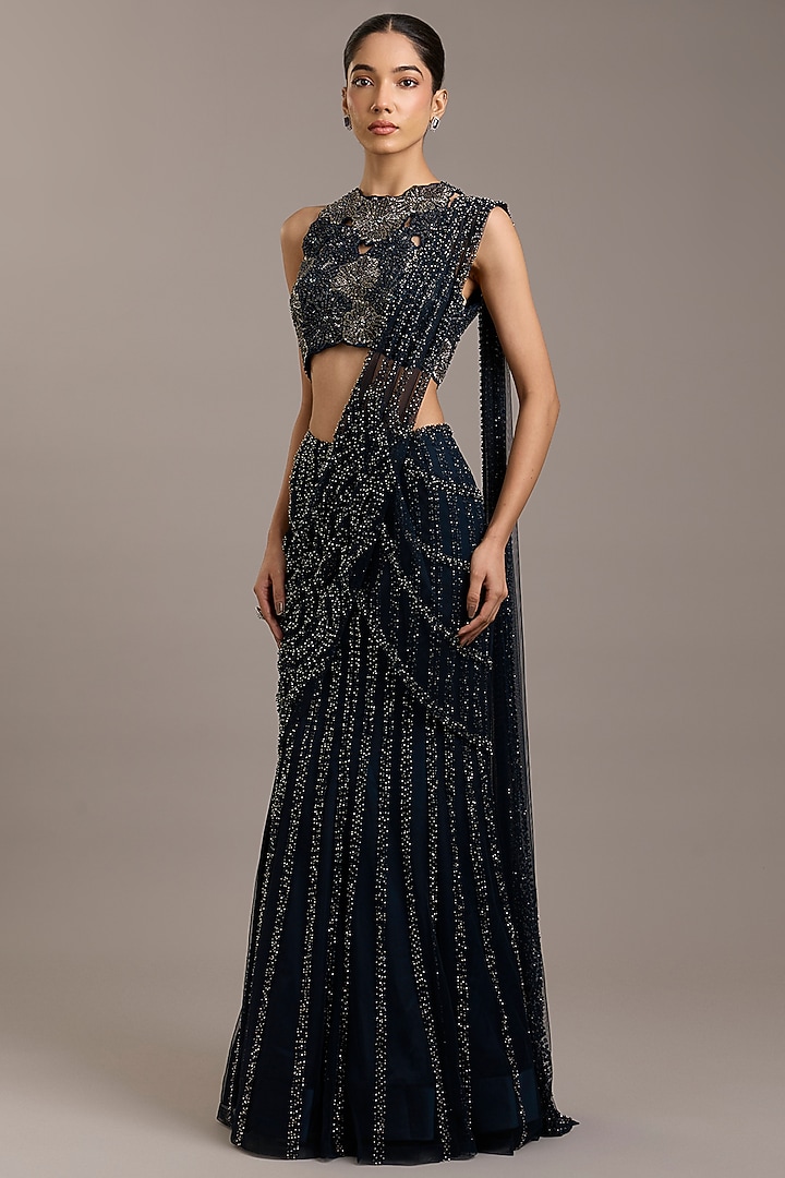 Navy Tulle Embellished Draped Bridal Saree Set by Rohit Gandhi & Rahul Khanna at Pernia's Pop Up Shop