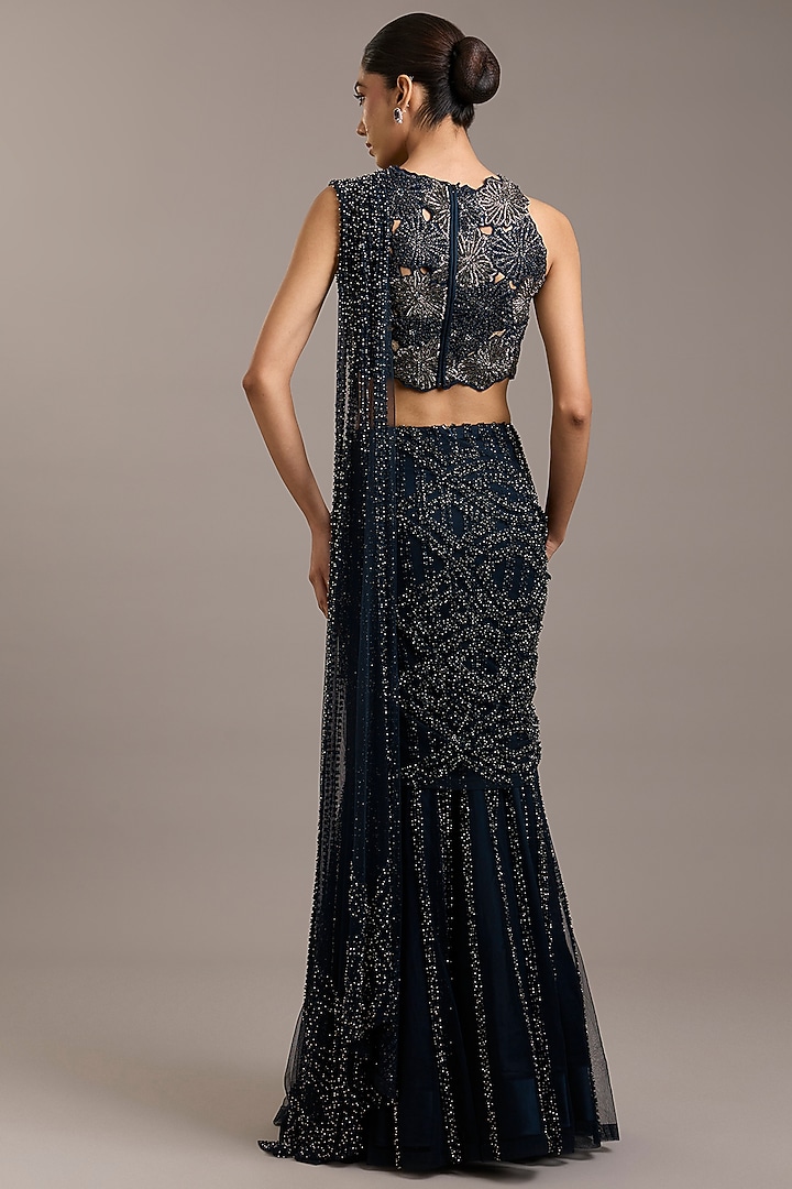 Navy Tulle Embellished Draped Bridal Saree Set by Rohit Gandhi & Rahul Khanna at Pernia's Pop Up Shop