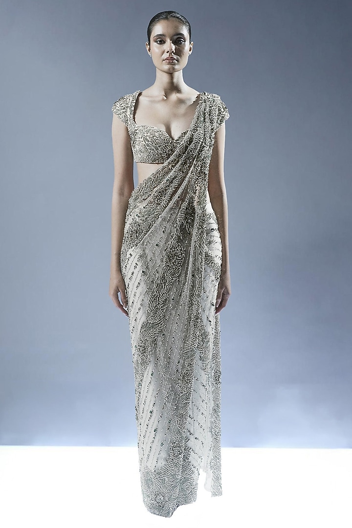 Ecru Tulle Embellished Pre-Draped Bridal Saree Set by Rohit Gandhi & Rahul Khanna at Pernia's Pop Up Shop