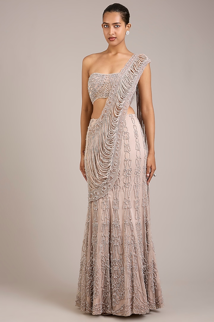 Powder Pink Tulle Hand Embellished Skirt Bridal Saree Set by Rohit Gandhi & Rahul Khanna at Pernia's Pop Up Shop