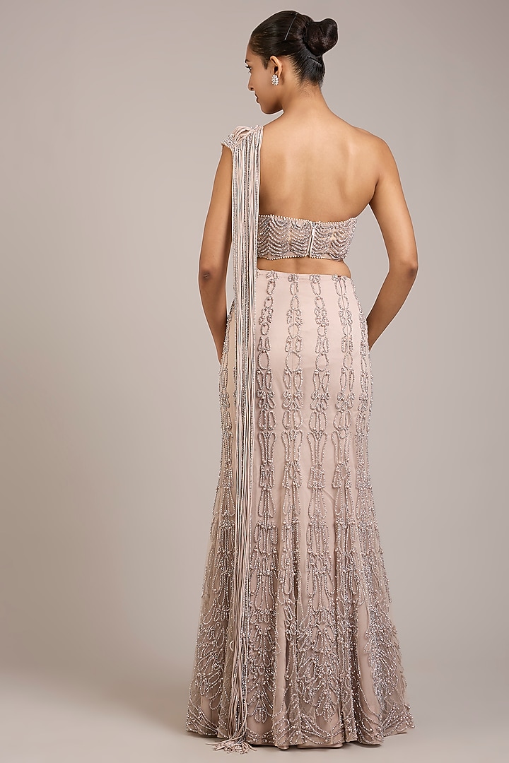 Powder Pink Tulle Hand Embellished Skirt Bridal Saree Set by Rohit Gandhi & Rahul Khanna at Pernia's Pop Up Shop