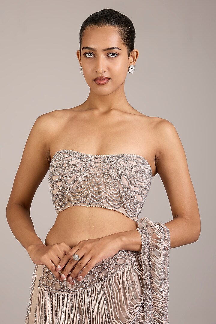 Powder Pink Tulle Hand Embellished Skirt Bridal Saree Set by Rohit Gandhi & Rahul Khanna at Pernia's Pop Up Shop