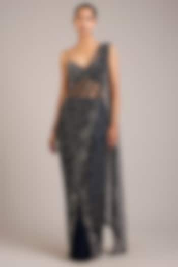 Navy Tulle Hand Embellished Pre-Draped Bridal Saree Set by Rohit Gandhi & Rahul Khanna at Pernia's Pop Up Shop